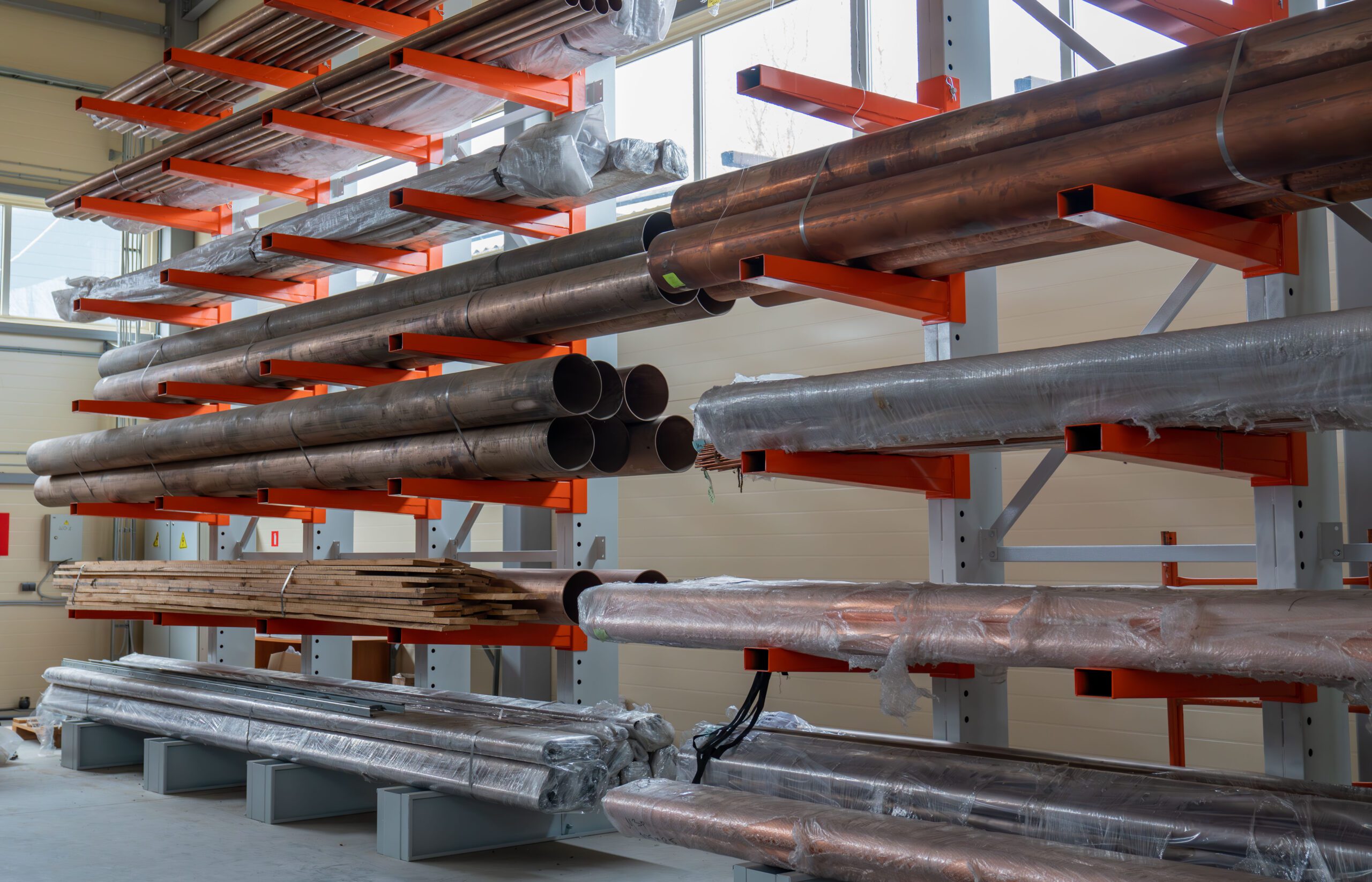 Warehouse cantilever racks for storing copper pipes